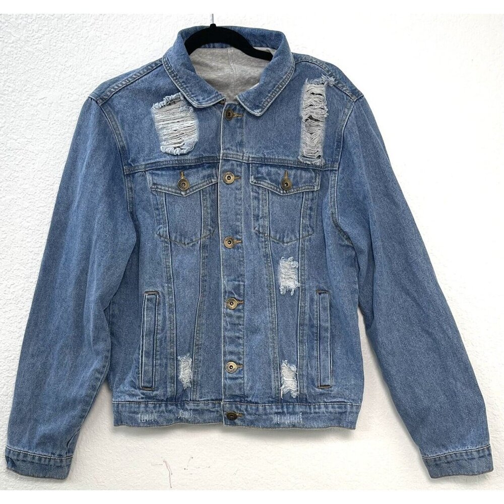 VTG KNO BETTTA Classic Jeans Mens LARGE Distressed Denim Jean JACKET Gray Hood